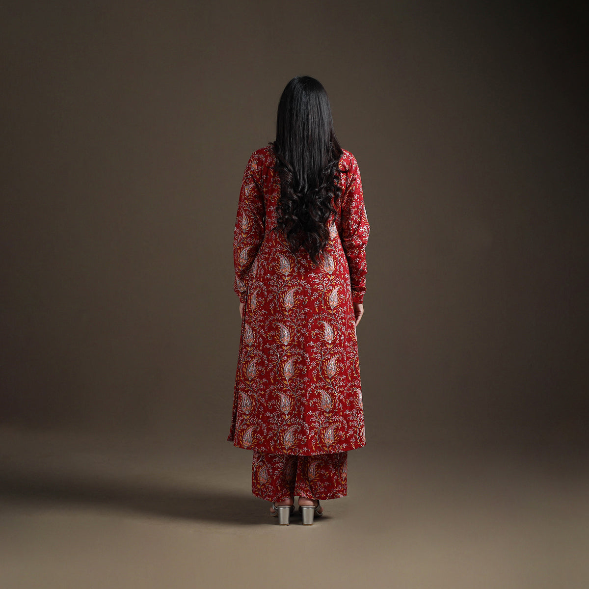 Red - floral sanganeri print cotton a-line kurta