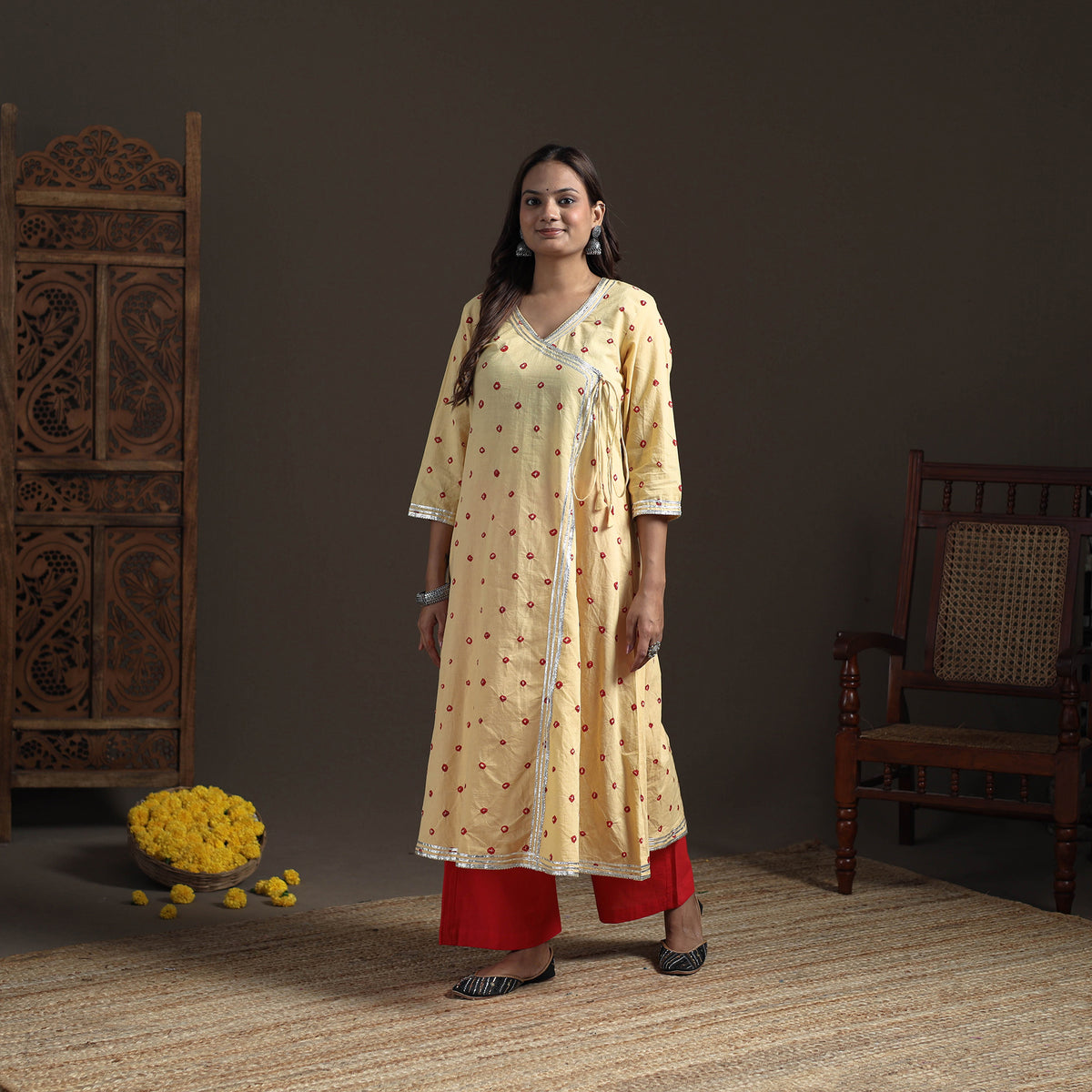 Gota Work Bandhani Tie-Dye Cotton A-Line Long Kurta for Women 14
