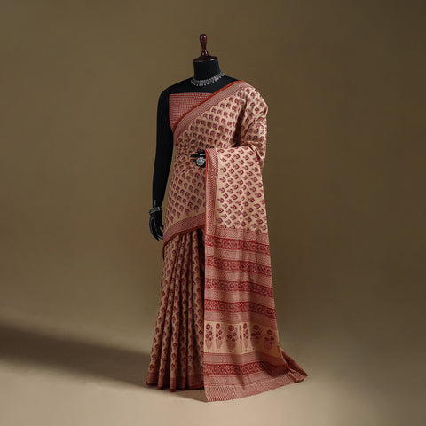 Beige - Gamthi Hand Block Print Pure Mul Cotton Saree with Blouse Piece 41