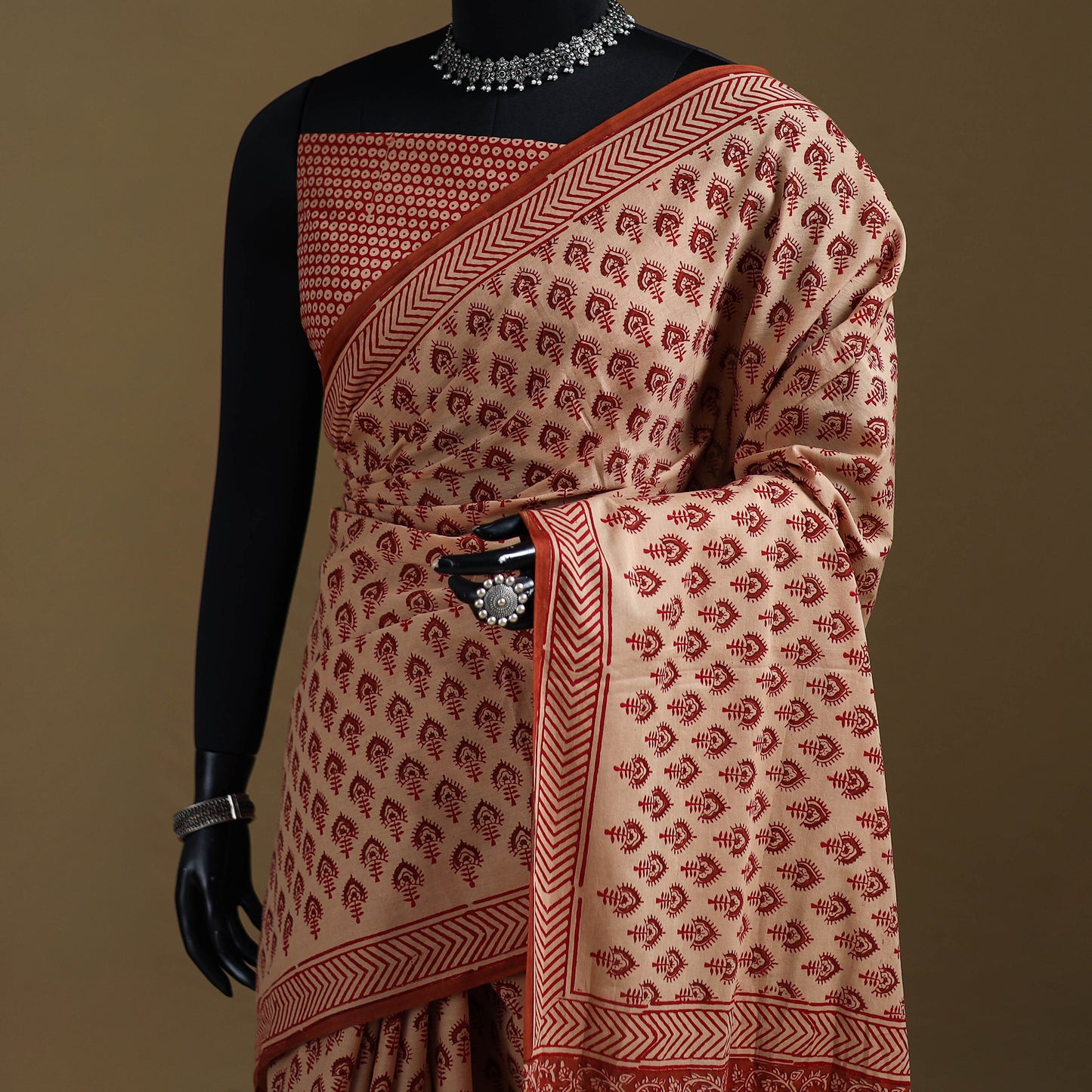 Beige - Gamthi Hand Block Print Pure Mul Cotton Saree with Blouse Piece 41