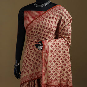 Beige - Gamthi Hand Block Print Pure Mul Cotton Saree with Blouse Piece 41