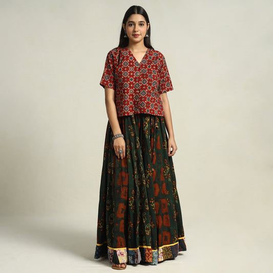 Green - Ajrakh Block Printed 24 Kali Patchwork Cotton Long Skirt 14