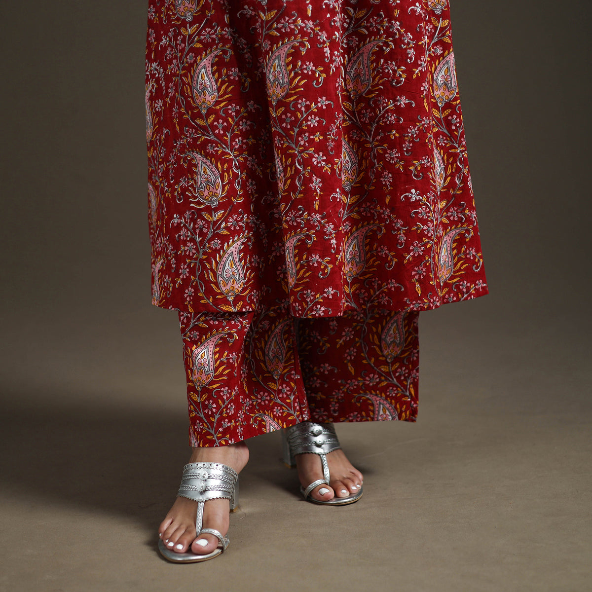 Red - floral sanganeri print cotton a-line kurta