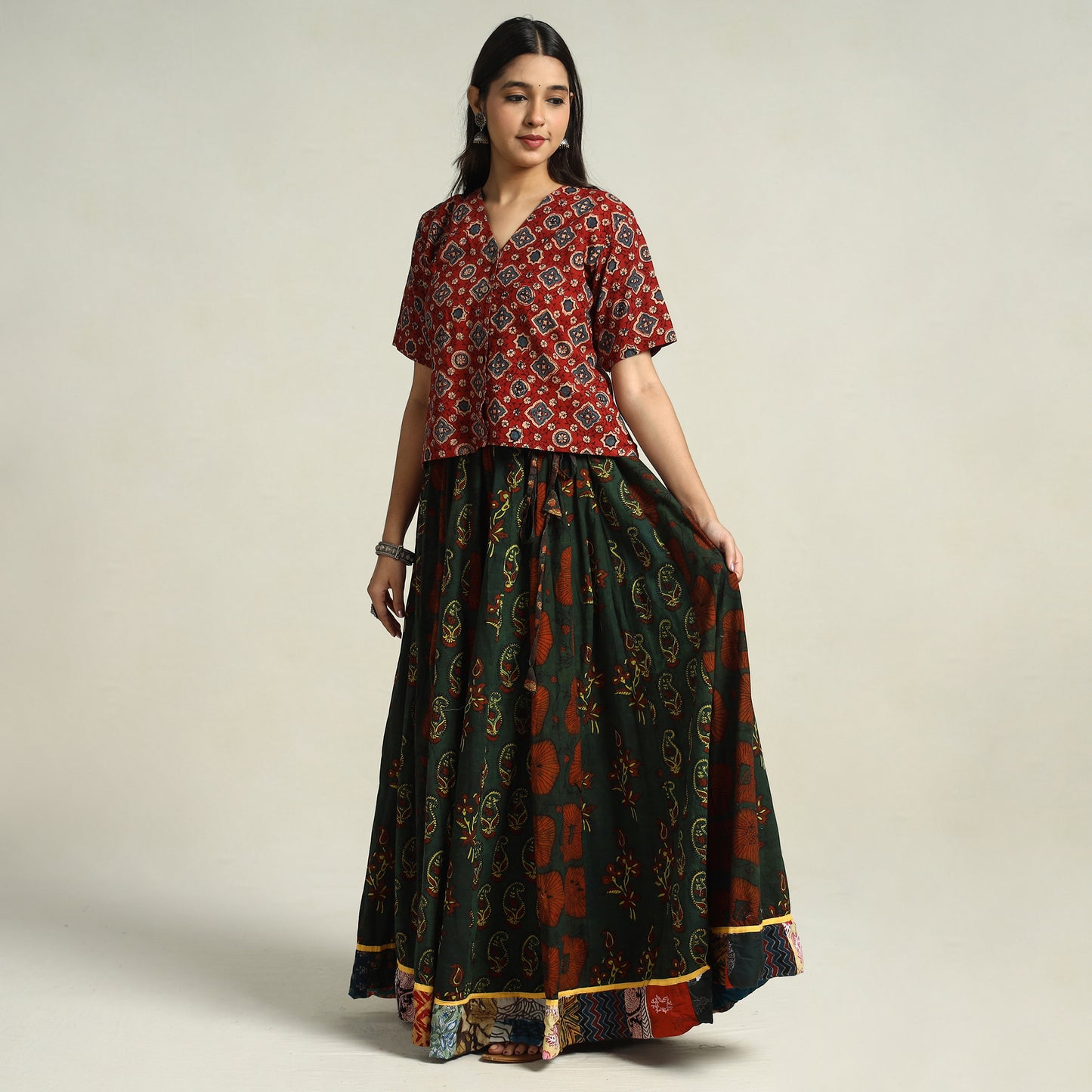 Green - Ajrakh Block Printed 24 Kali Patchwork Cotton Long Skirt 14