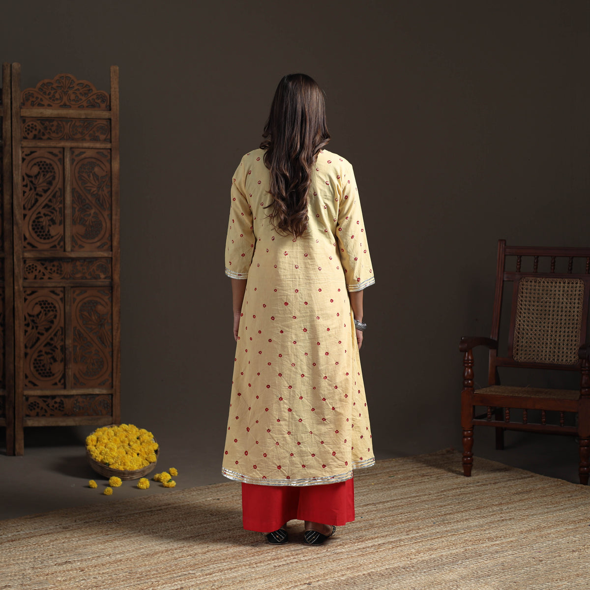 Gota Work Bandhani Tie-Dye Cotton A-Line Long Kurta for Women 14