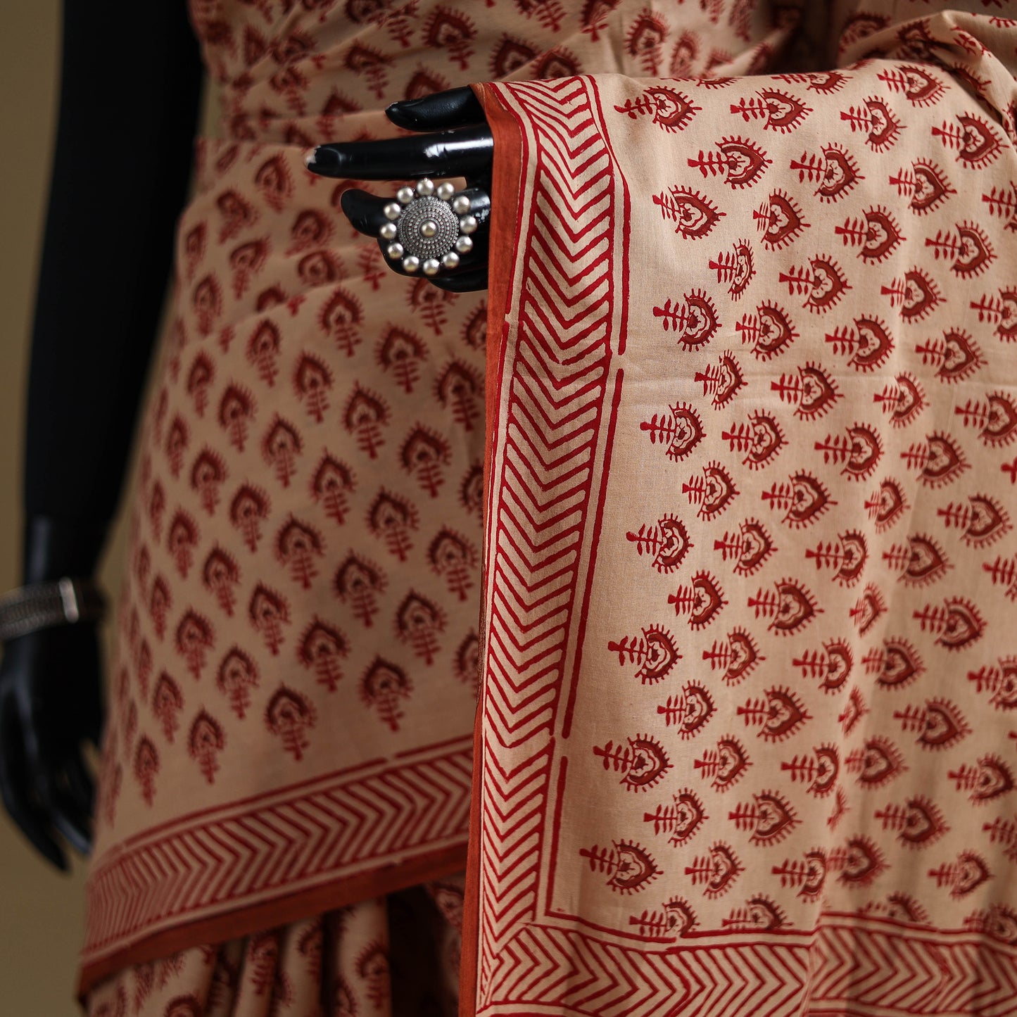 Beige - Gamthi Hand Block Print Pure Mul Cotton Saree with Blouse Piece 41