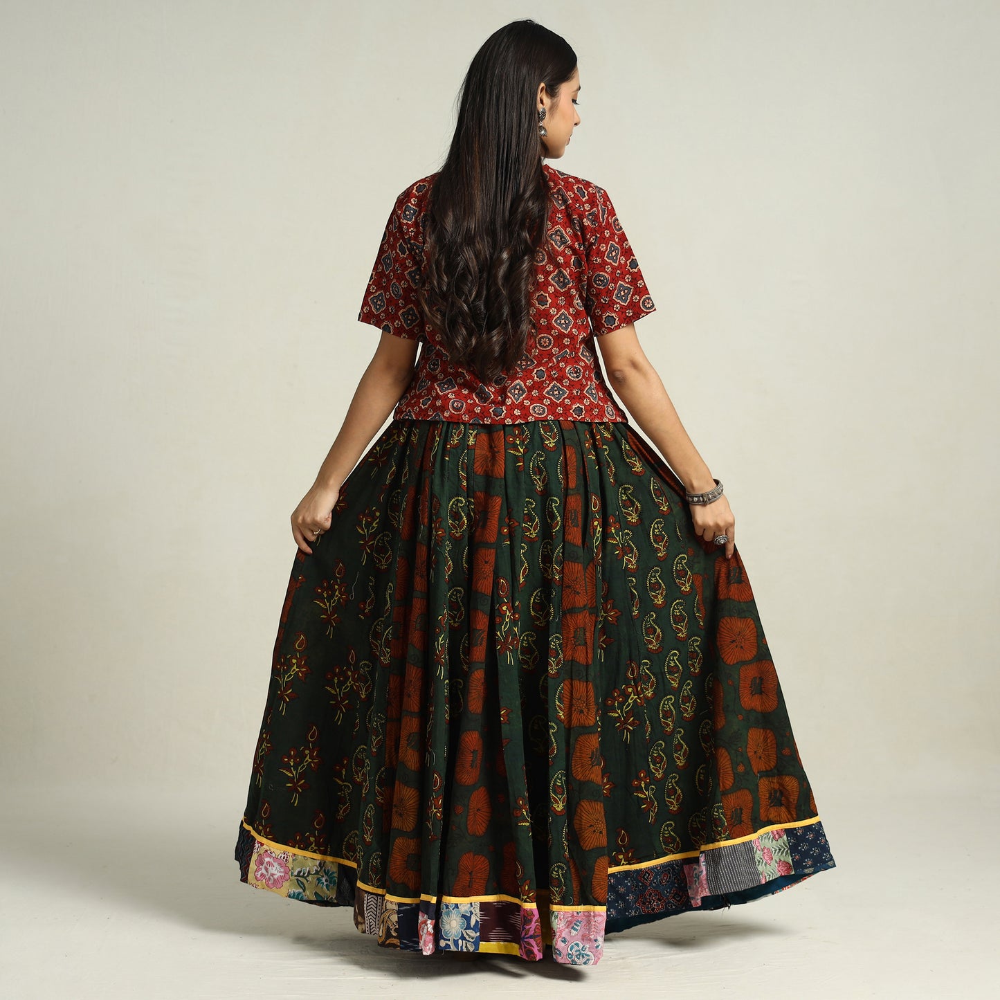 Green - Ajrakh Block Printed 24 Kali Patchwork Cotton Long Skirt 14