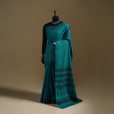 Green - Gamthi Hand Block Print Pure Mul Cotton Saree with Blouse Piece 42