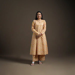 Yellow - Floral Sanganeri Print Cotton A-Line Kurta with Palazzo Set for women 13