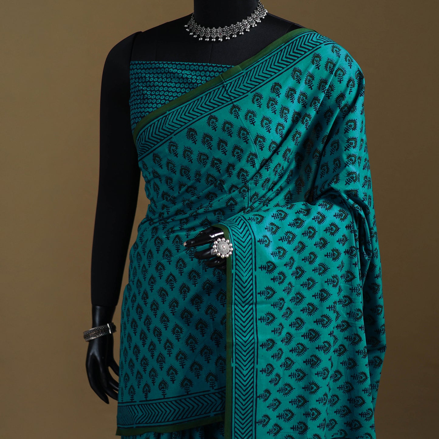 Green - Gamthi Hand Block Print Pure Mul Cotton Saree with Blouse Piece 42