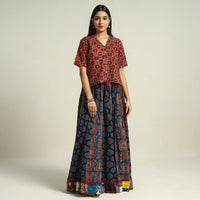 Blue - Ajrakh Block Printed 24 Kali Patchwork Cotton Long Skirt 15