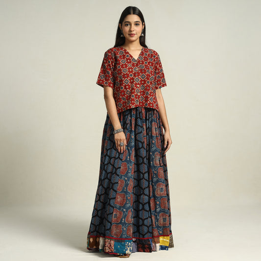 Blue - Ajrakh Block Printed 24 Kali Patchwork Cotton Long Skirt 15