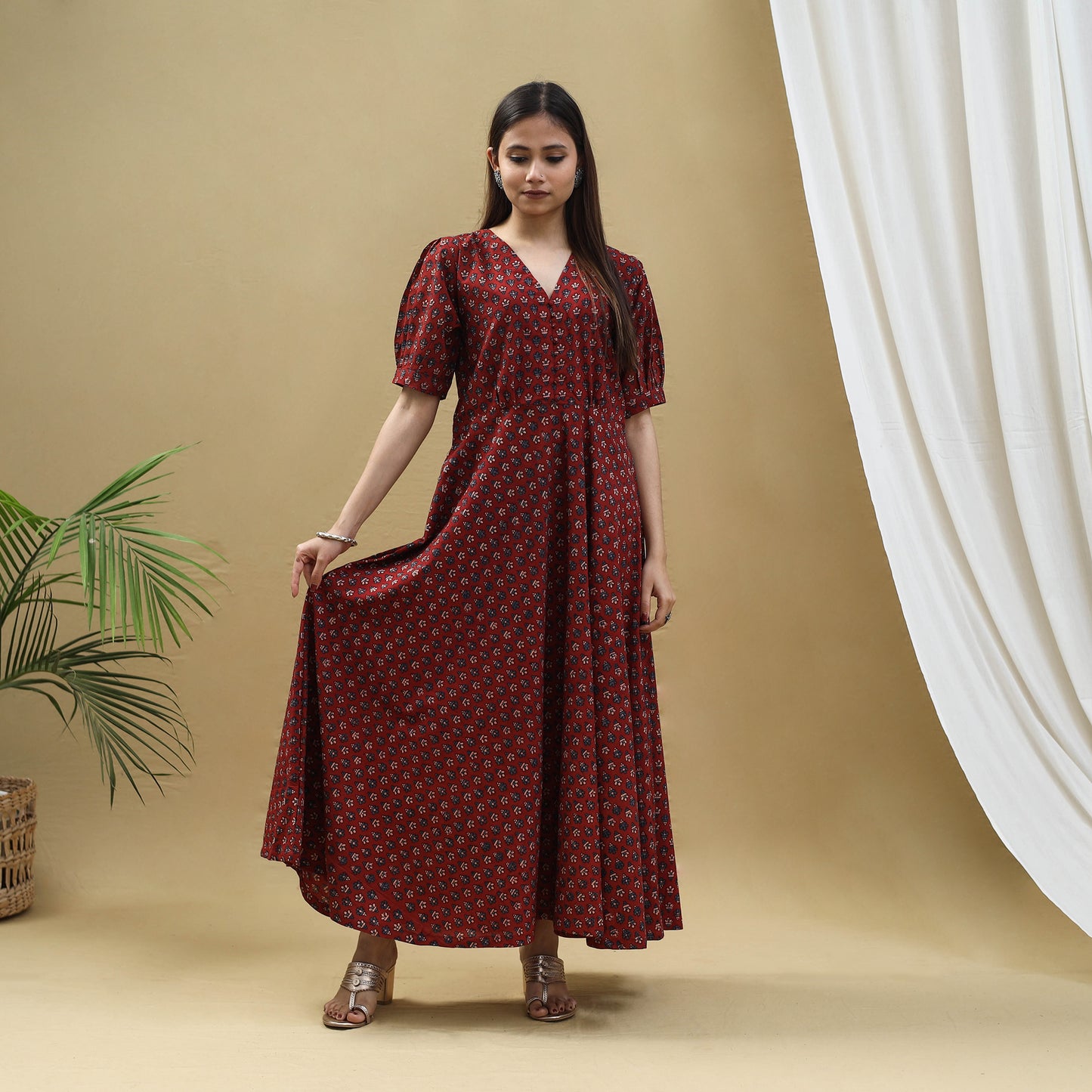 Red - Block Print Cotton Flared Ajrakh Dress 04