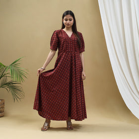 Red - Block Print Cotton Flared Ajrakh Dress 04