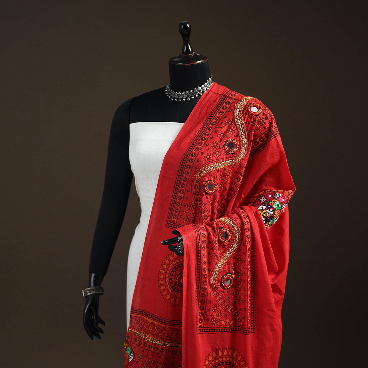Kutch Hand Embroidered Mirror Work Printed Cotton Dupatta 04