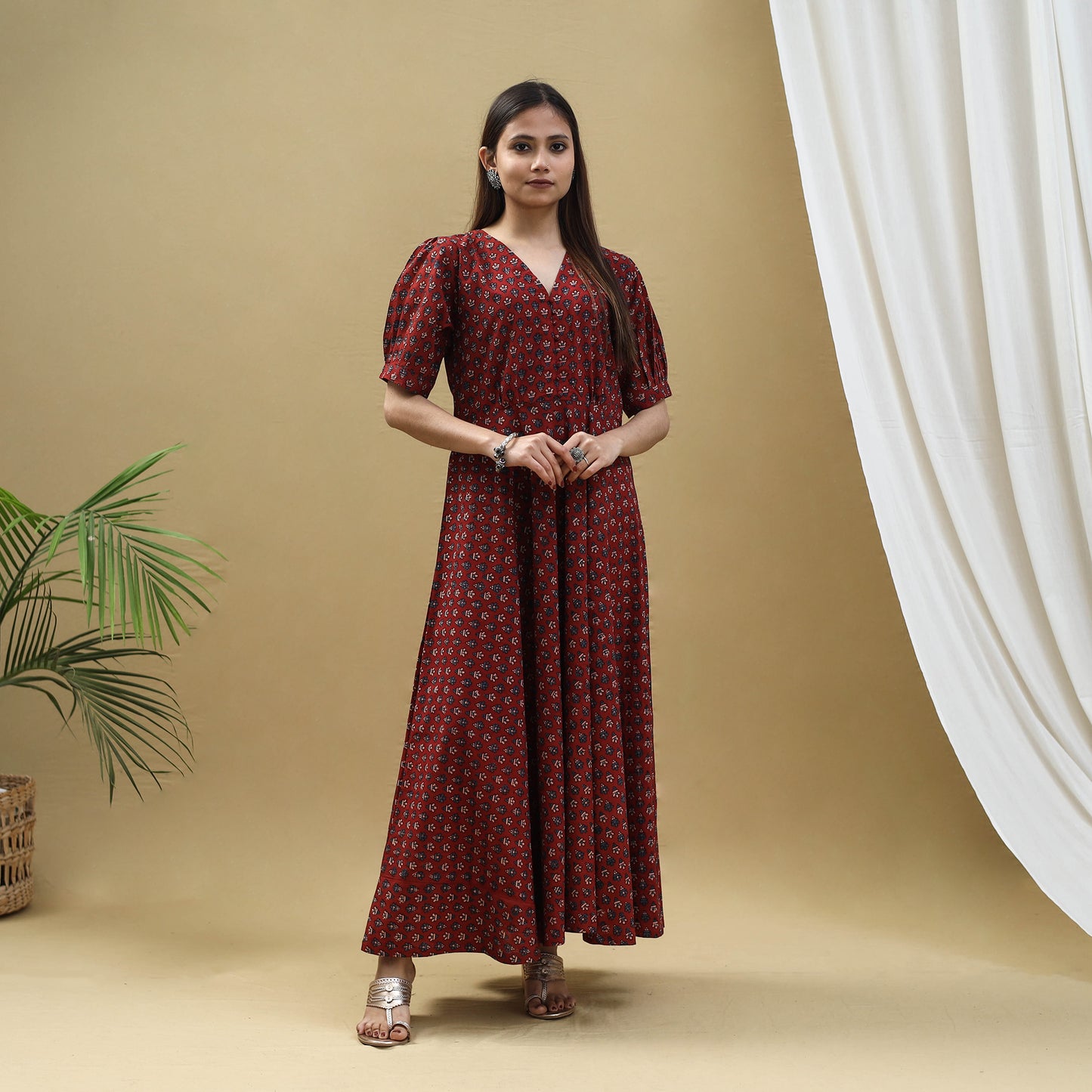 Red - Block Print Cotton Flared Ajrakh Dress 04