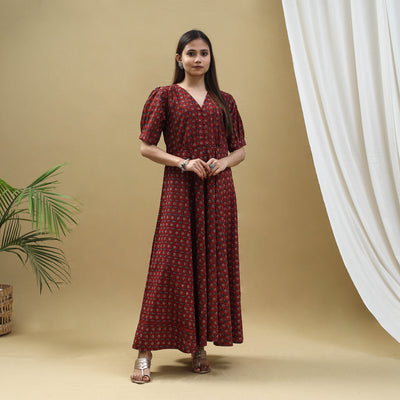 Red - Block Print Cotton Flared Ajrakh Dress 04