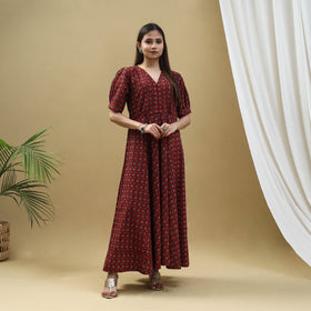 Red - Block Print Cotton Flared Ajrakh Dress 04
