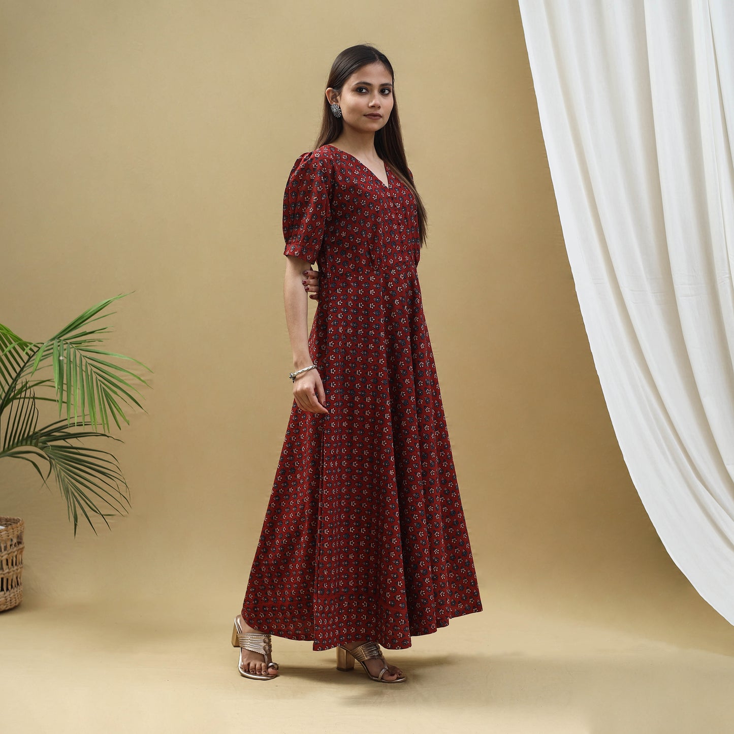 Red - Block Print Cotton Flared Ajrakh Dress 04