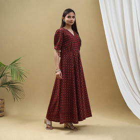 Red - Block Print Cotton Flared Ajrakh Dress 04
