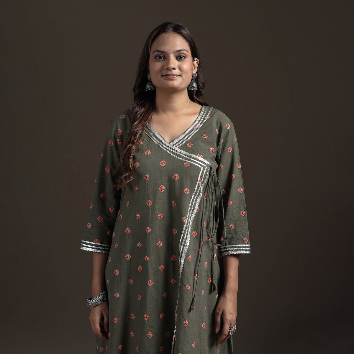 Gota Work Bandhani Tie-Dye Cotton A-Line Long Kurta for Women 12