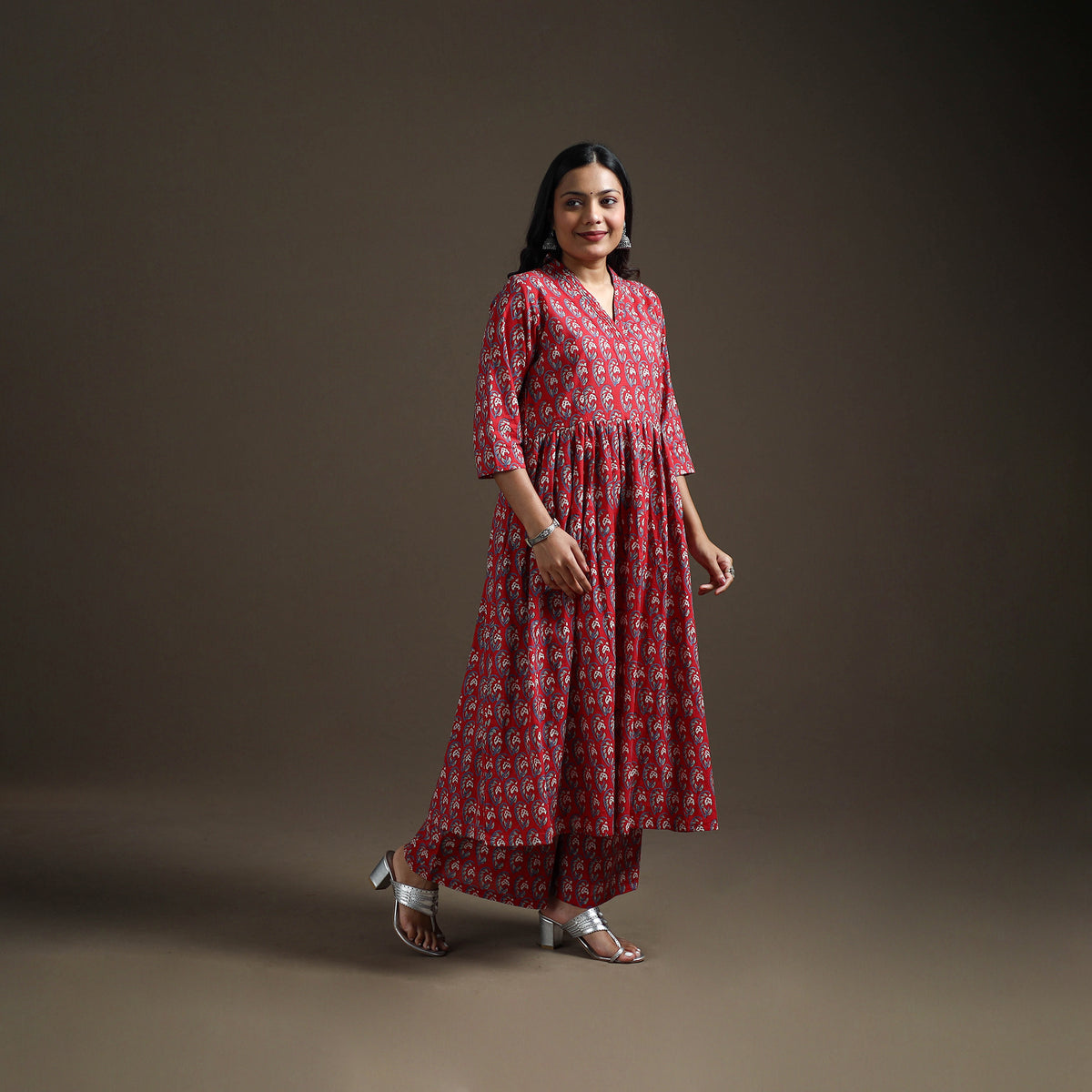 Red - floral sanganeri print cotton flared kurta