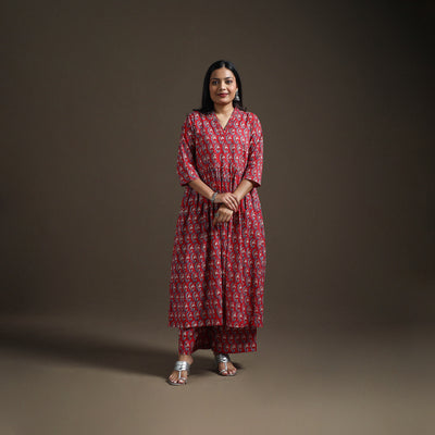 Red - floral sanganeri print cotton flared kurta