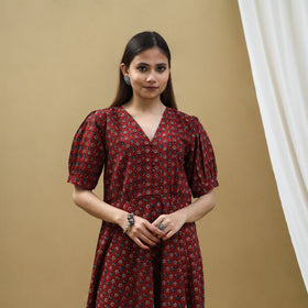 Red - Block Print Cotton Flared Ajrakh Dress 04