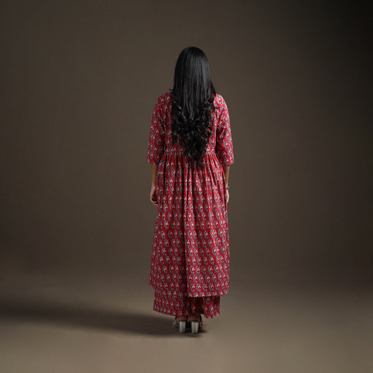 Red - floral sanganeri print cotton flared kurta