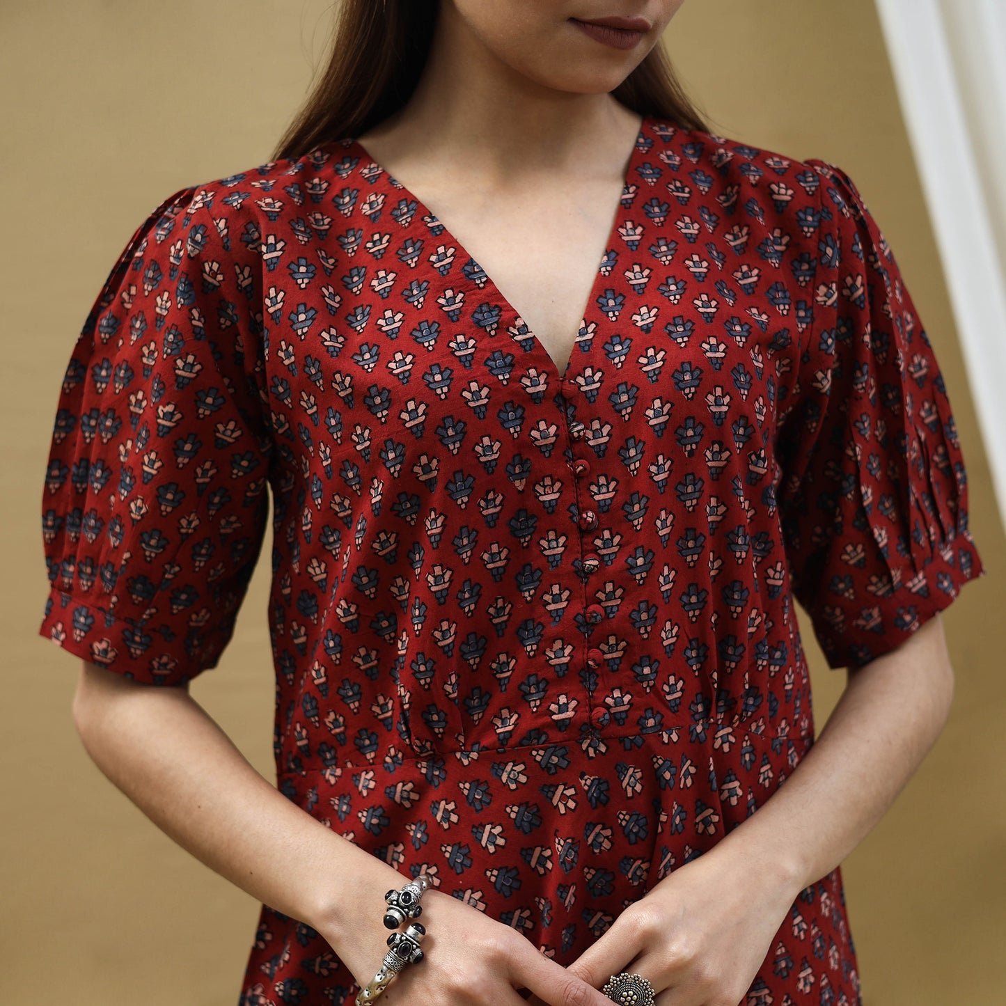 Red - Block Print Cotton Flared Ajrakh Dress 04