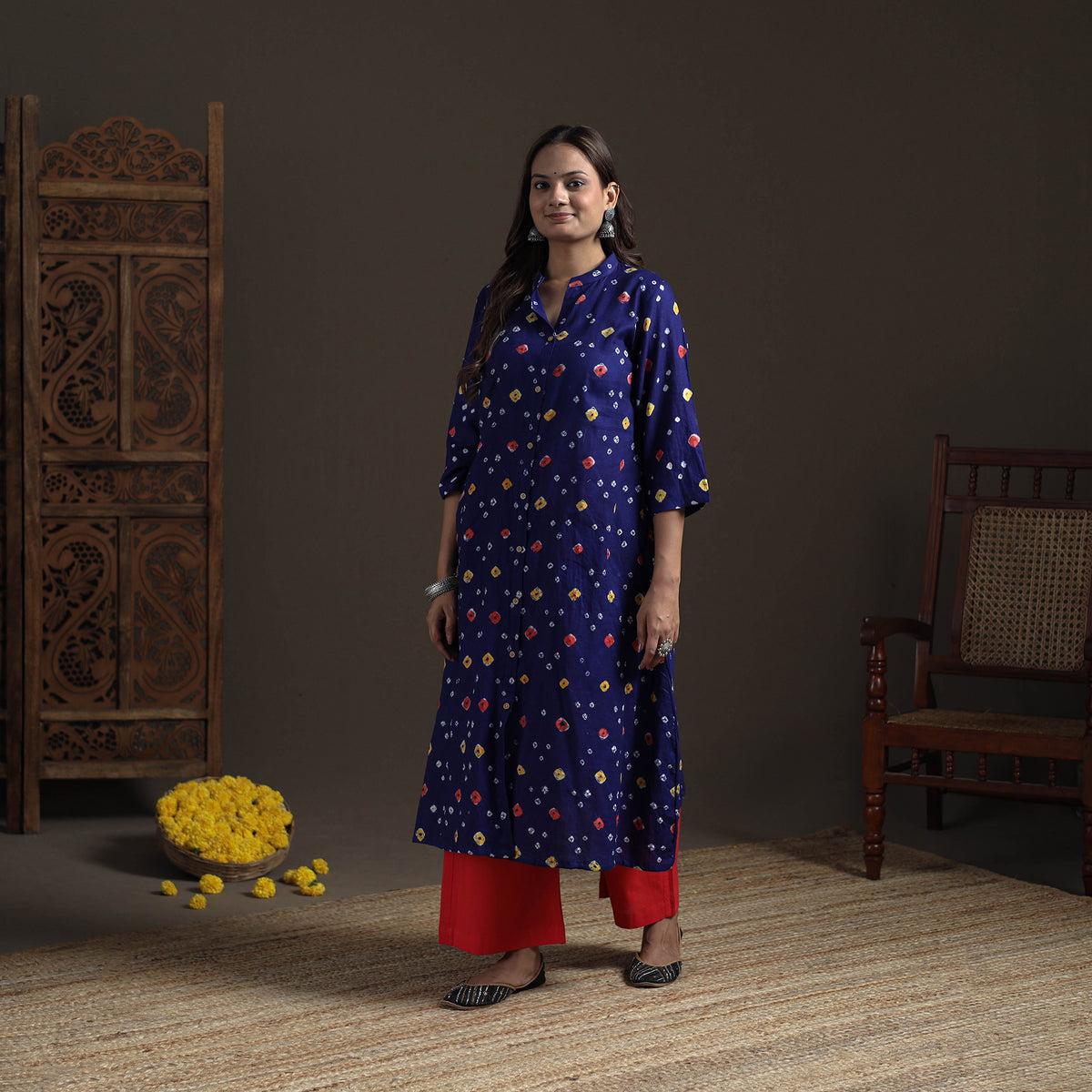Bandhani Tie-Dye Cotton A-Line Long Kurta for Women 07