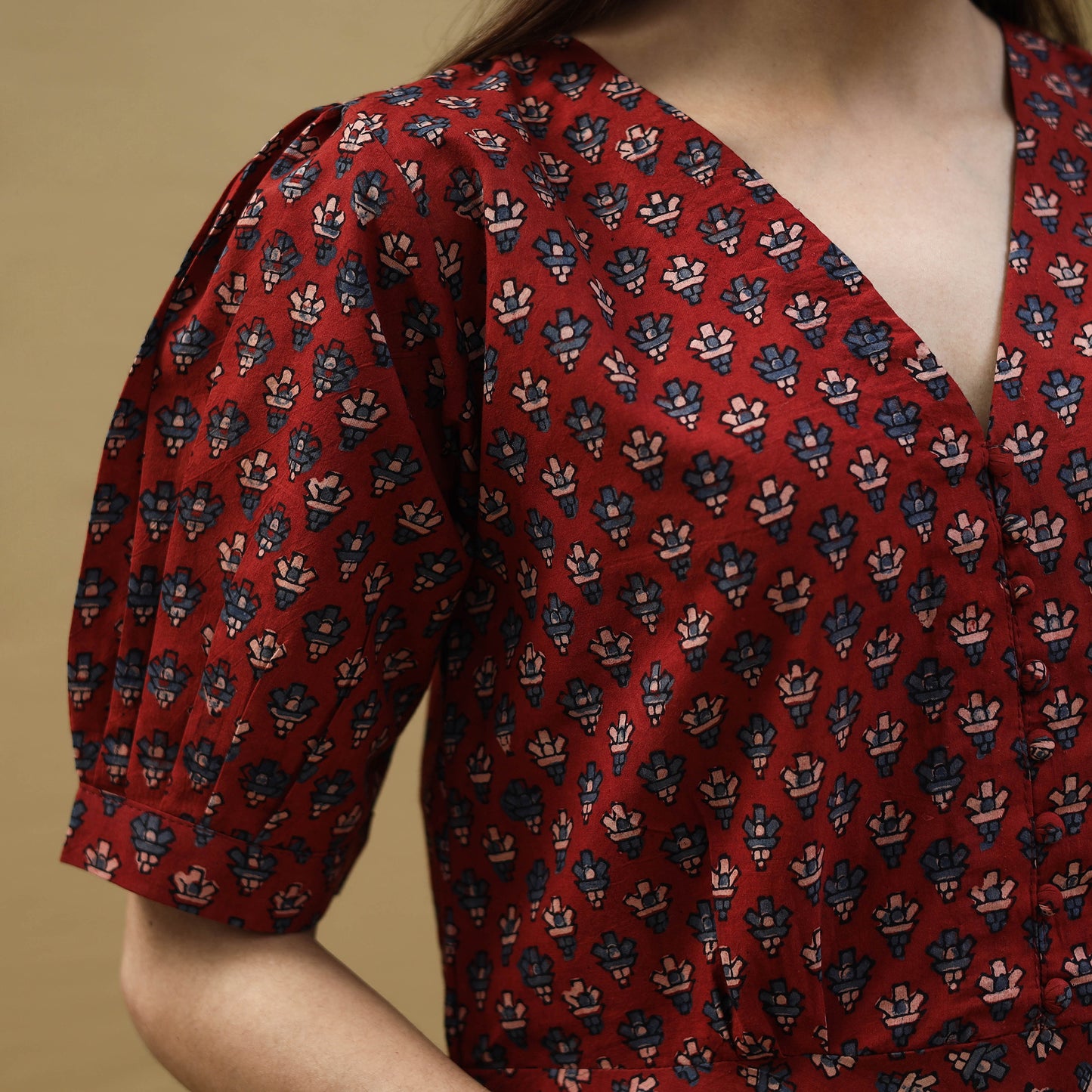Red - Block Print Cotton Flared Ajrakh Dress 04