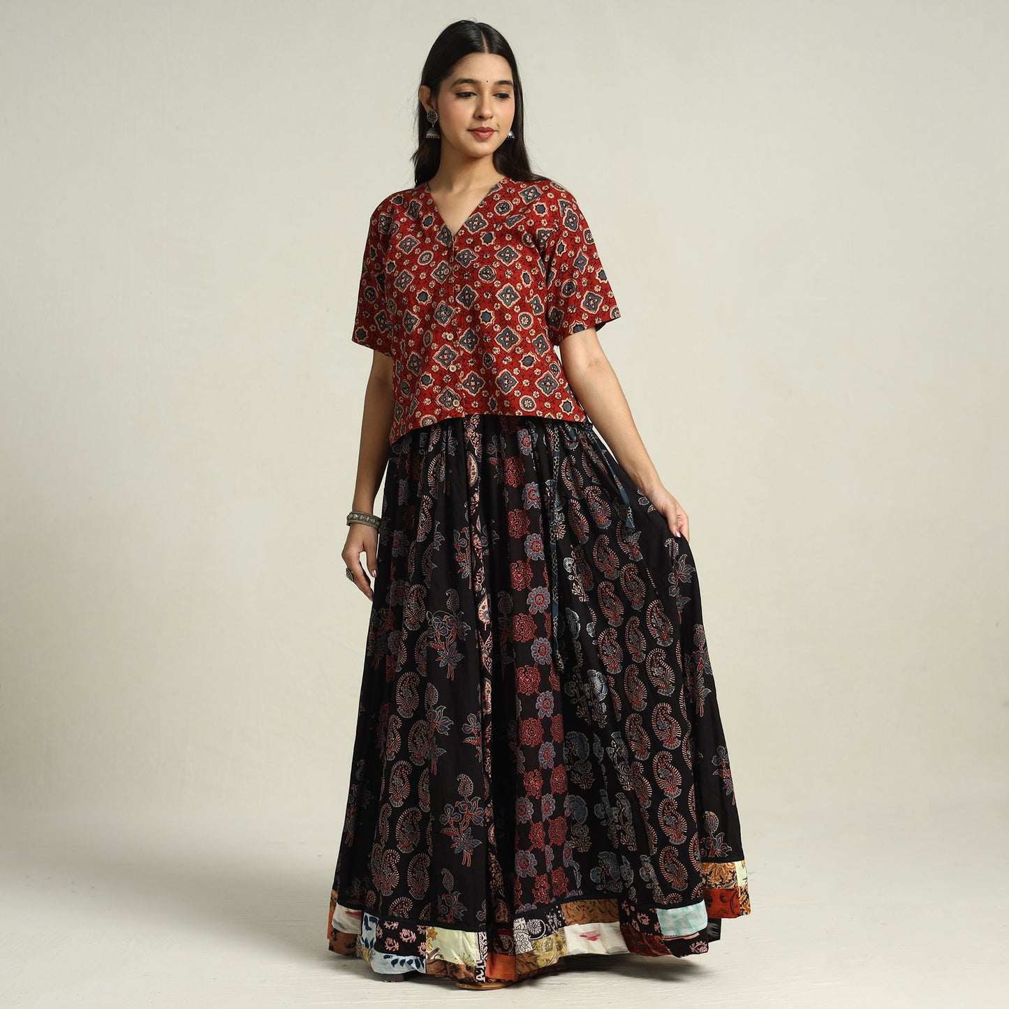 Black - Ajrakh Block Printed 24 Kali Patchwork Cotton Long Skirt 16