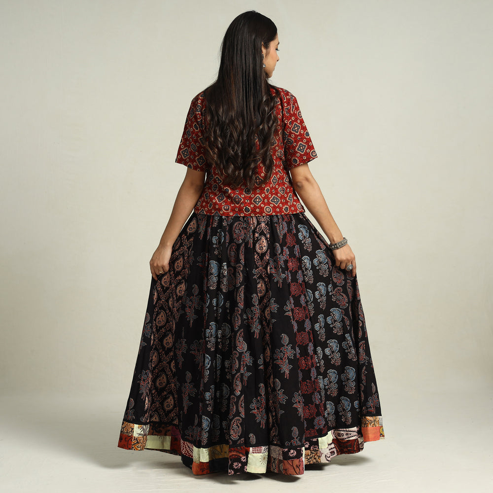 Black - Ajrakh Block Printed 24 Kali Patchwork Cotton Long Skirt 16