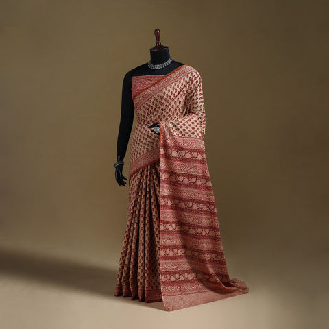Beige - Gamthi Hand Block Print Pure Mul Cotton Saree with Blouse Piece 44