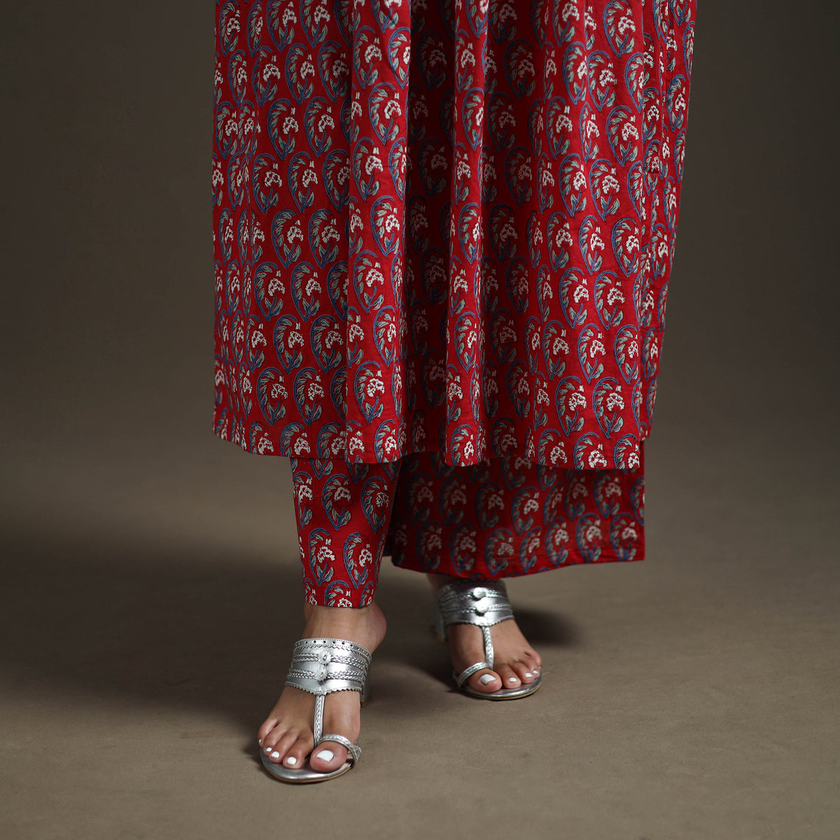Red - floral sanganeri print cotton flared kurta