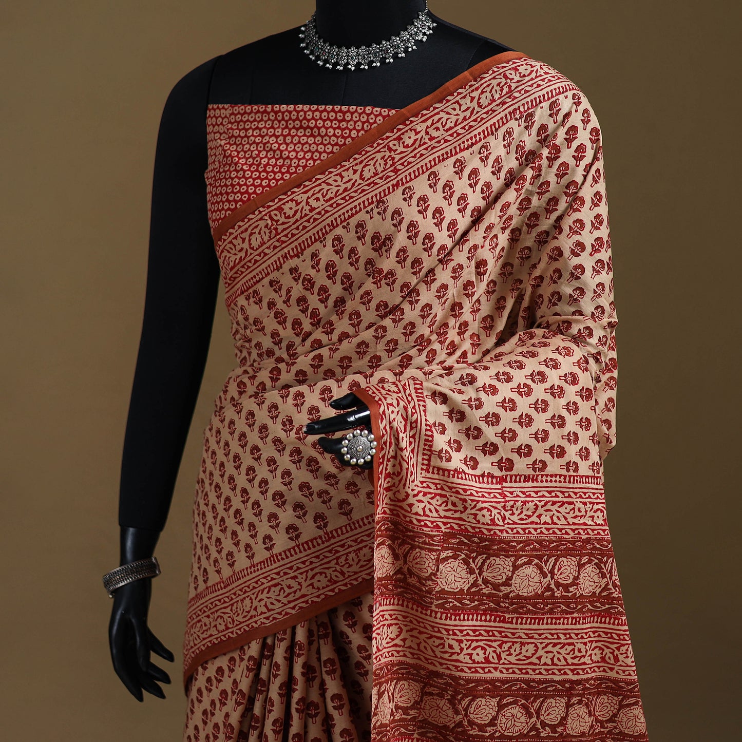 Beige - Gamthi Hand Block Print Pure Mul Cotton Saree with Blouse Piece 44