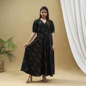 Buy Green Block Print Cotton Flared Ajrakh Dress