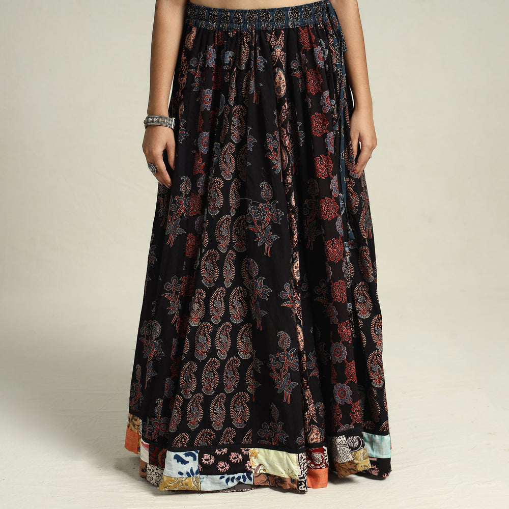 Black - Ajrakh Block Printed 24 Kali Patchwork Cotton Long Skirt 16