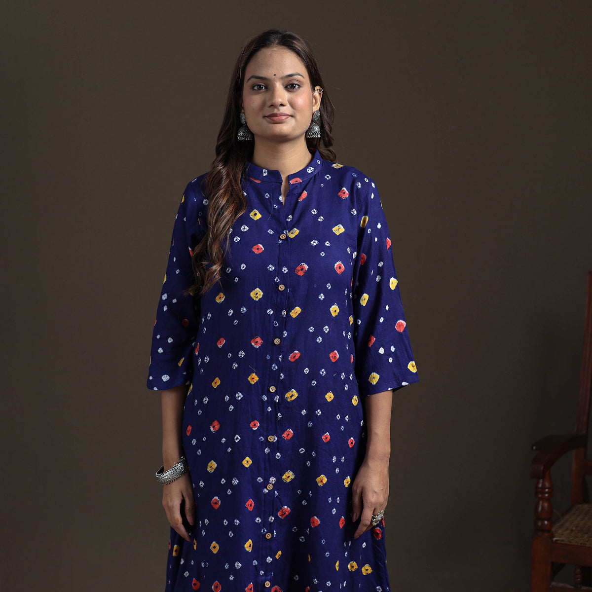 Bandhani Tie-Dye Cotton A-Line Long Kurta for Women 07