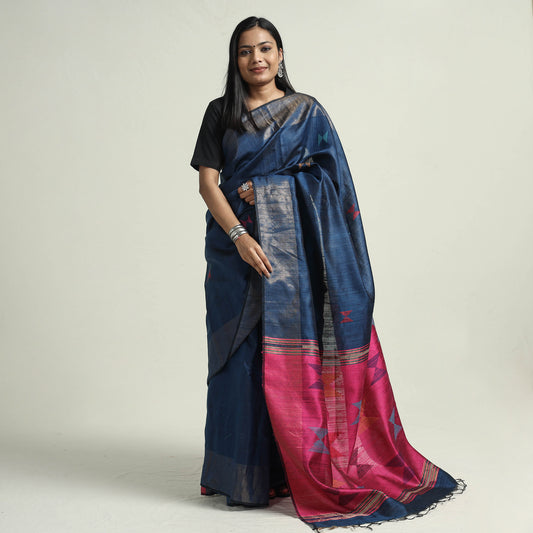 Blue - Bhagalpuri Pure Desi Tussar Silk Handloom Saree with Zari Border