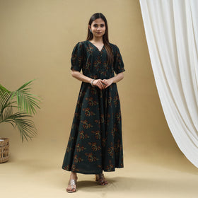 Buy Green Block Print Cotton Flared Ajrakh Dress