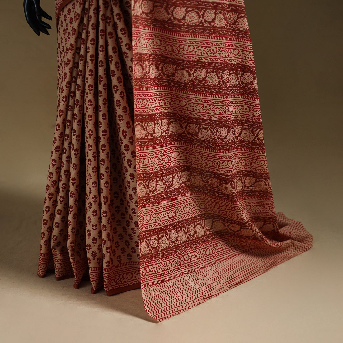 Beige - Gamthi Hand Block Print Pure Mul Cotton Saree with Blouse Piece 44