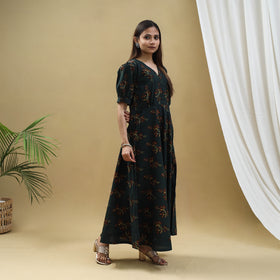 Buy Green Block Print Cotton Flared Ajrakh Dress