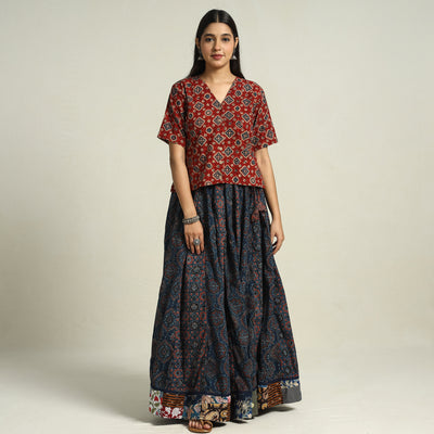 Blue - Ajrakh Block Printed 24 Kali Patchwork Cotton Long Skirt 17