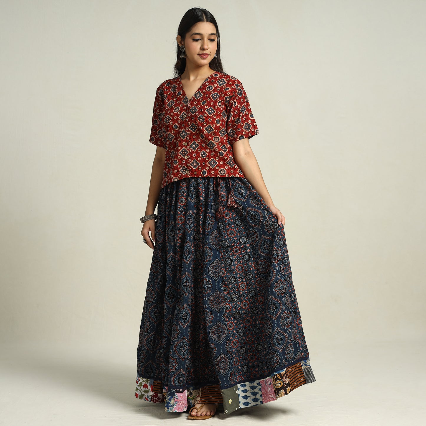 Blue - Ajrakh Block Printed 24 Kali Patchwork Cotton Long Skirt 17