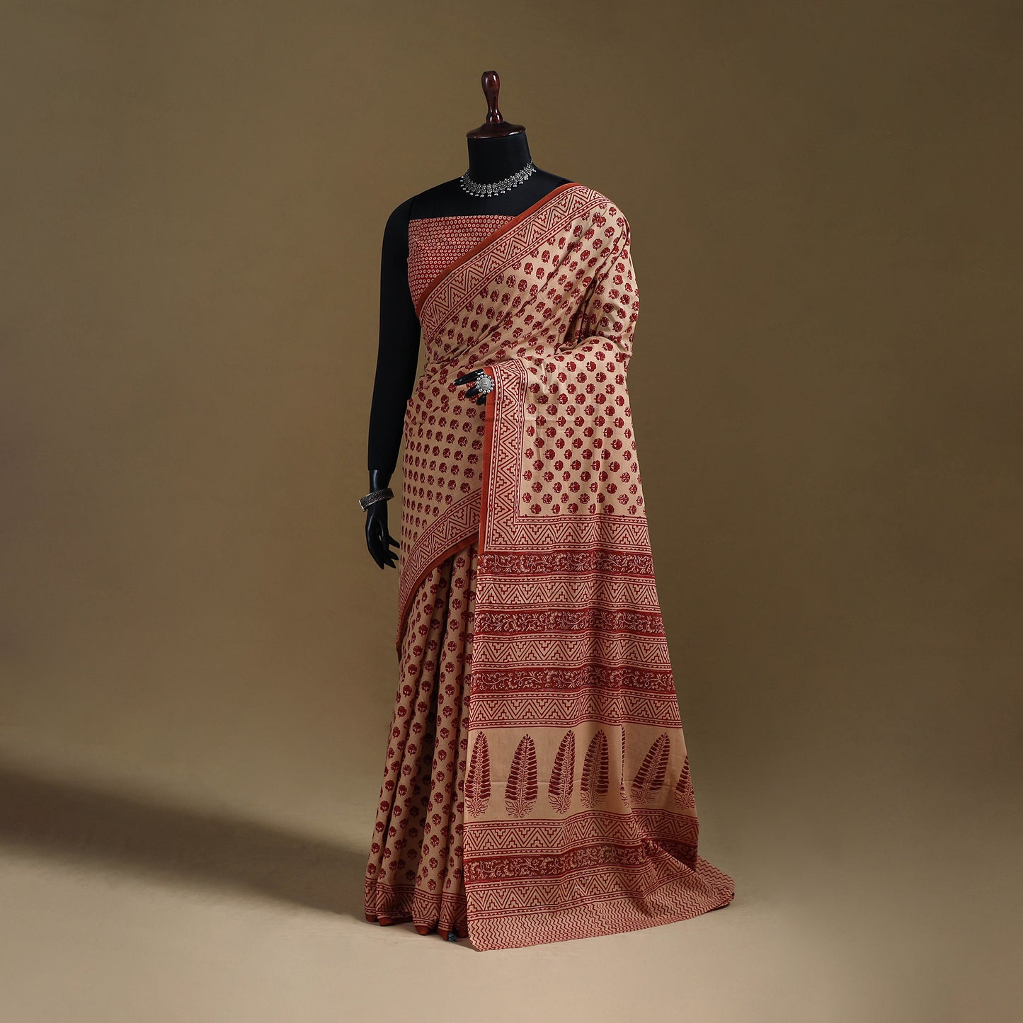 Beige - Gamthi Hand Block Print Pure Mul Cotton Saree with Blouse Piece 45