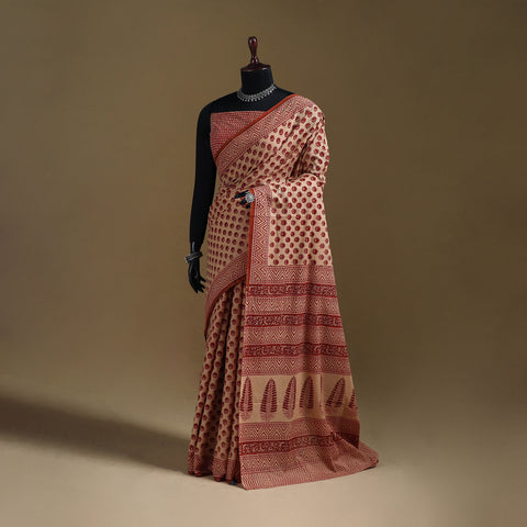 Beige - Gamthi Hand Block Print Pure Mul Cotton Saree with Blouse Piece 45