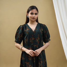 Buy Green Block Print Cotton Flared Ajrakh Dress