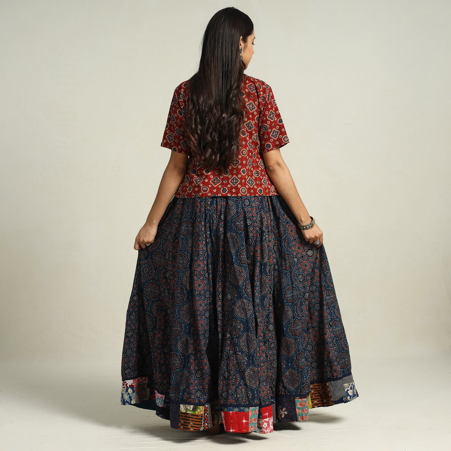 Blue - Ajrakh Block Printed 24 Kali Patchwork Cotton Long Skirt 17